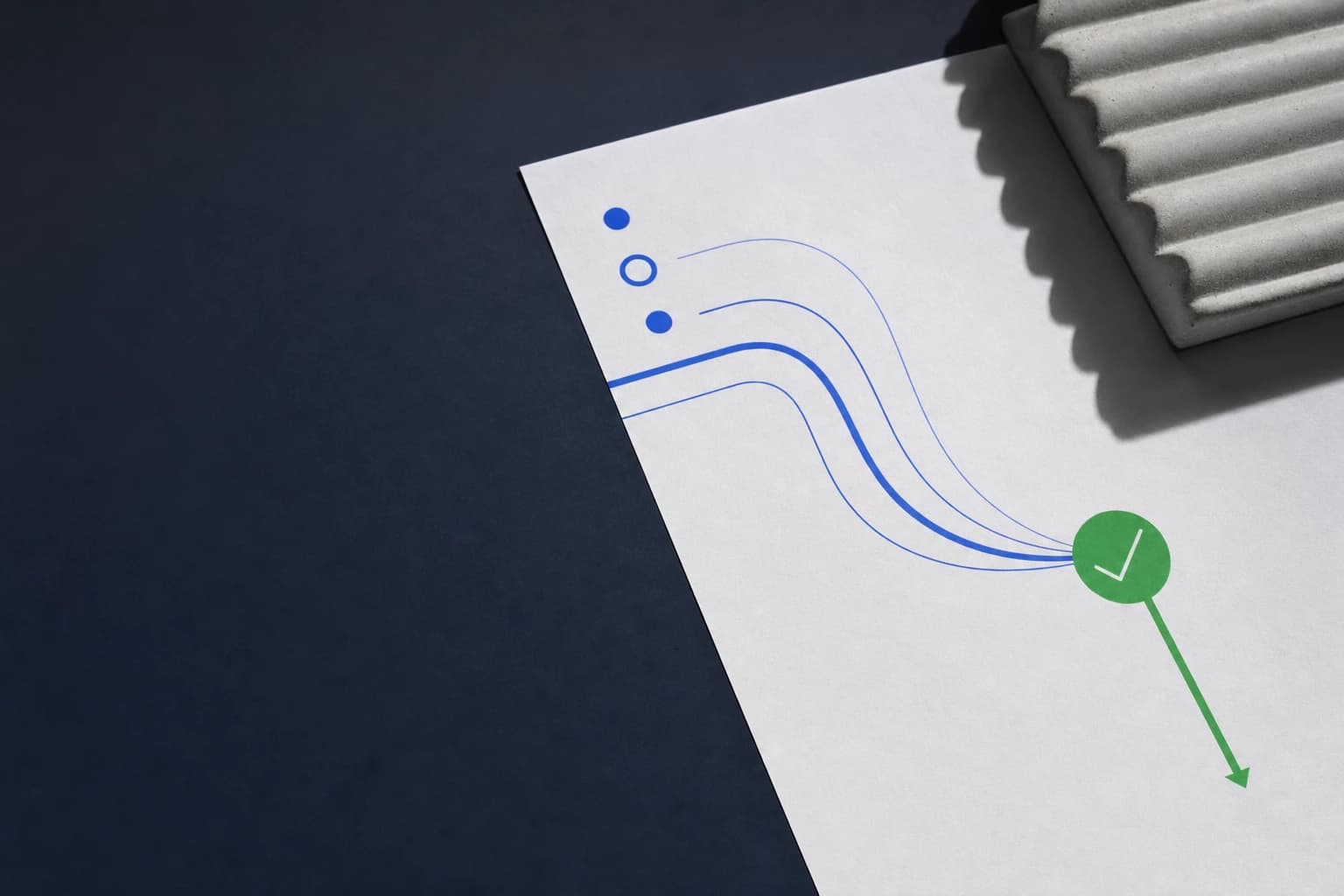 Paper workflow with blue paths converging on a green resolution mark