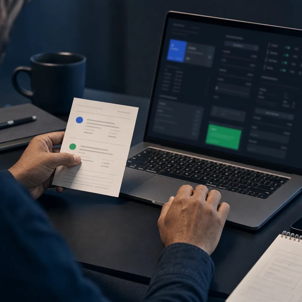 Person reviewing a payment status sheet beside a laptop