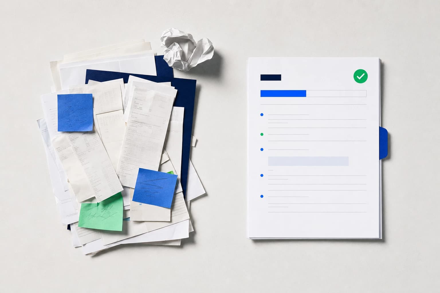 Untidy payment papers beside a clean, structured workflow sheet